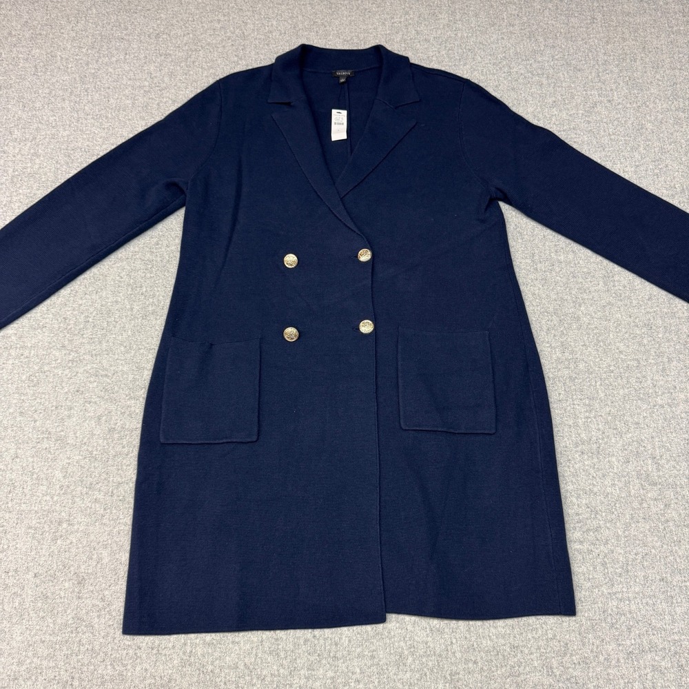 Talbots Longline Cardigan Sweater Size L Navy Blue Double Breasted Gold Buttons